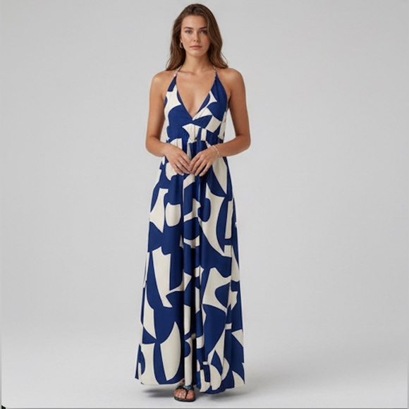 Navy Blue & White Abstract Geometric Maxi Dress | Open Back Beaded Strap - Picture 3 of 9